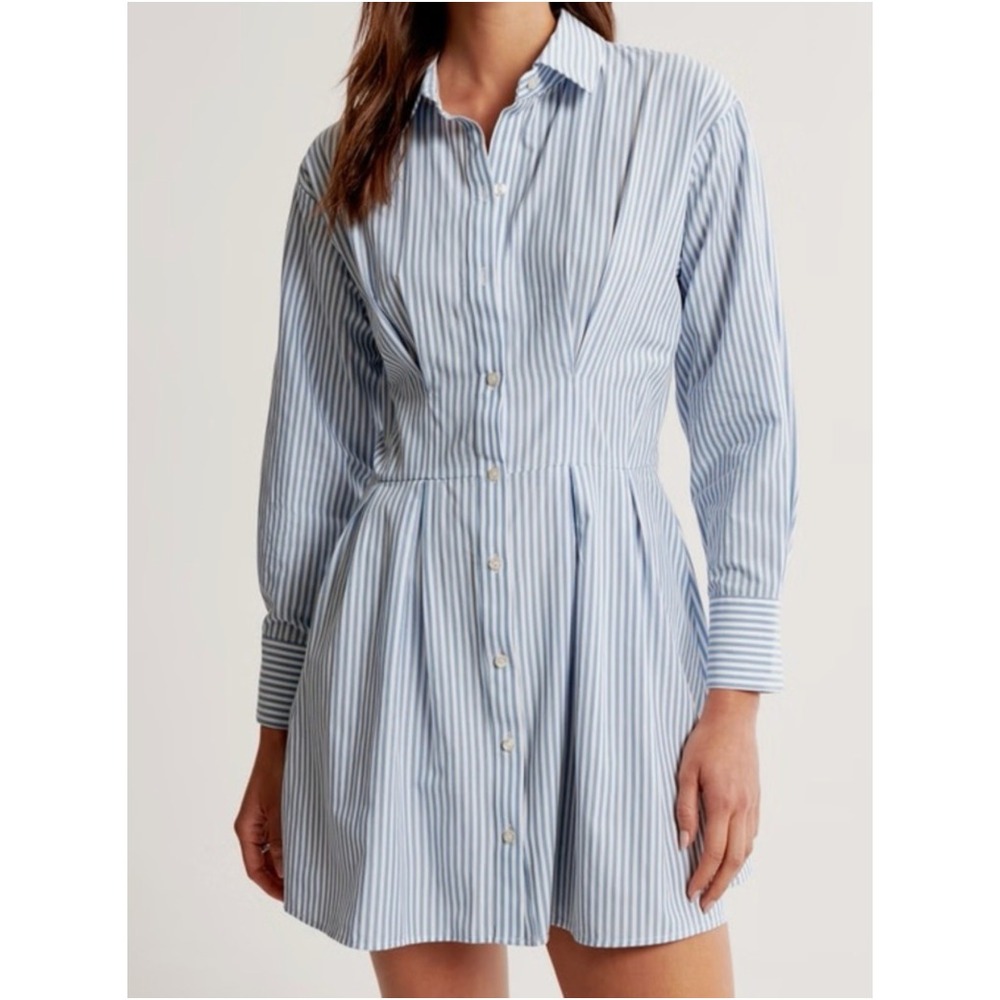 Abercrombie & Fitch LT Long-Sleeve Poplin Shirt Dress Striped Blue White